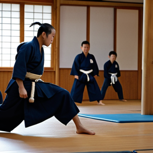 A kendoka in perfect *kamae*, demonstrating strong posture and *ki*, with a blurred dojo background and other students practicing *suburi*. Focus on the intensity and discipline in the kendoka's eyes.