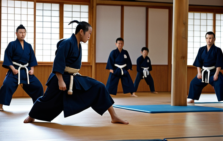 A kendoka in perfect *kamae*, demonstrating strong posture and *ki*, with a blurred dojo background and other students practicing *suburi*. Focus on the intensity and discipline in the kendoka's eyes.