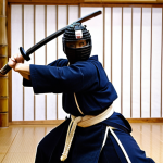 **

A dynamic action shot of a Kendo practitioner in full *bogu* (armor), executing a powerful *kiri-kaeshi* strike. Show sweat and determination on their face. The *shinai* (bamboo sword) should be blurred with motion. The background is a traditional dojo with soft, natural light. Focus on capturing the intensity and physical exertion of the movement.

**