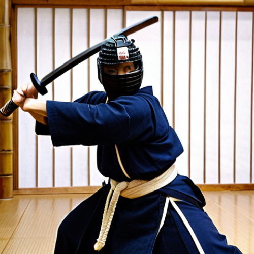 **

A dynamic action shot of a Kendo practitioner in full *bogu* (armor), executing a powerful *kiri-kaeshi* strike. Show sweat and determination on their face. The *shinai* (bamboo sword) should be blurred with motion. The background is a traditional dojo with soft, natural light. Focus on capturing the intensity and physical exertion of the movement.

**