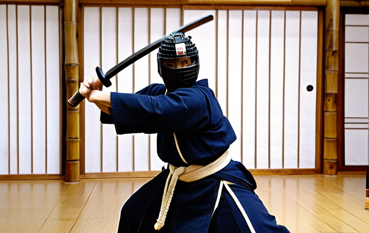 **

A dynamic action shot of a Kendo practitioner in full *bogu* (armor), executing a powerful *kiri-kaeshi* strike. Show sweat and determination on their face. The *shinai* (bamboo sword) should be blurred with motion. The background is a traditional dojo with soft, natural light. Focus on capturing the intensity and physical exertion of the movement.

**