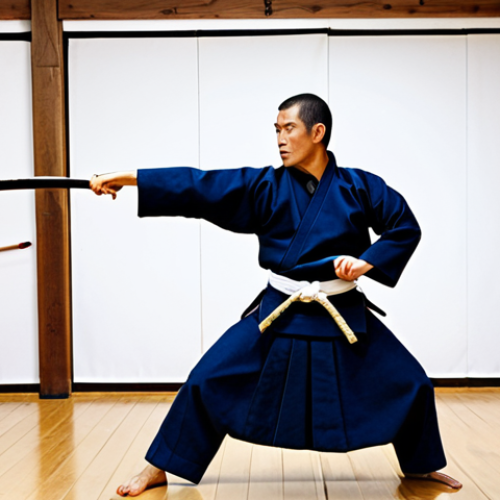 A professional adult Kendoka in a traditional blue kendogi and hakama, fully clothed, performing dynamic warm-up exercises in a spacious, well-lit kendo dojo. The athlete is doing wide arm swings and gentle torso twists, demonstrating fluidity and control. The background shows wooden flooring and a minimalist dojo setting. The focus is on perfect anatomy, correct proportions, well-formed hands, proper finger count, and natural body proportions. The image should convey a sense of disciplined preparation and energy. Safe for work, appropriate content, modest clothing, family-friendly, professional photography, high quality.