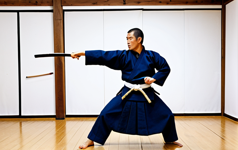 A professional adult Kendoka in a traditional blue kendogi and hakama, fully clothed, performing dynamic warm-up exercises in a spacious, well-lit kendo dojo. The athlete is doing wide arm swings and gentle torso twists, demonstrating fluidity and control. The background shows wooden flooring and a minimalist dojo setting. The focus is on perfect anatomy, correct proportions, well-formed hands, proper finger count, and natural body proportions. The image should convey a sense of disciplined preparation and energy. Safe for work, appropriate content, modest clothing, family-friendly, professional photography, high quality.