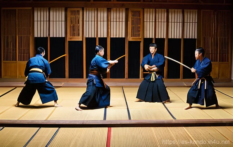 검도 관람 예절 - **Prompt:** "A serene and respectful Kendo dojo scene. Focus on the entrance area where a diverse gr... 검도 관람 예절 - **Prompt:** "A serene and respectful Kendo dojo scene. Focus on the entrance area where a diverse gr...