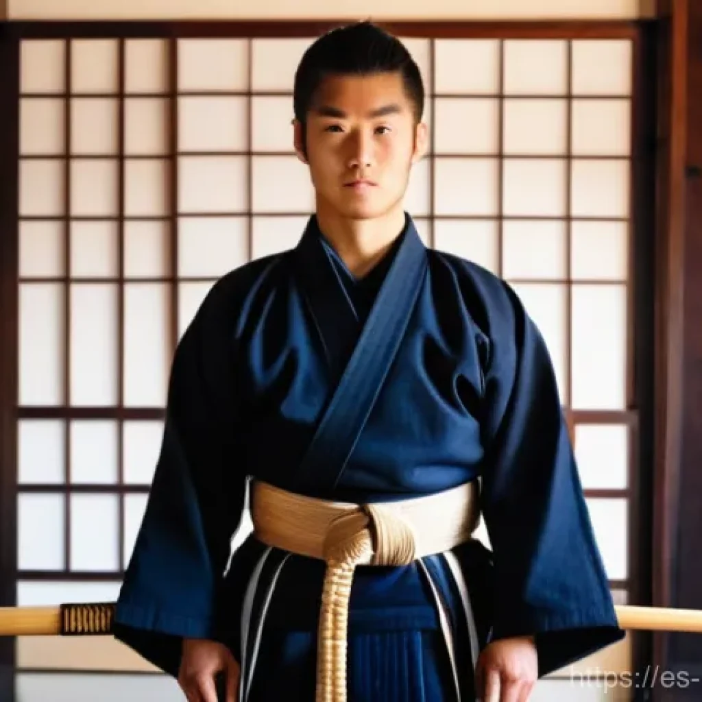 검도 입문을 위한 예산 - A focused young Kendo practitioner, approximately 16 years old, standing respectfully in a tradition...