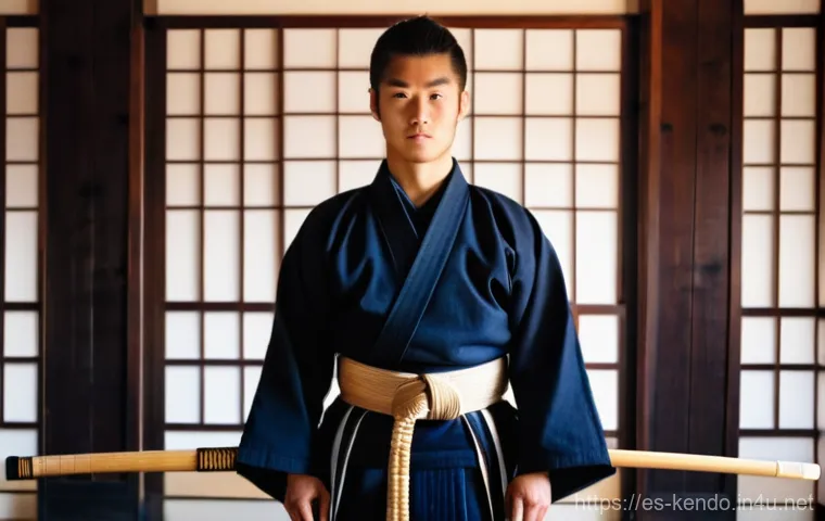 검도 입문을 위한 예산 - A focused young Kendo practitioner, approximately 16 years old, standing respectfully in a tradition...