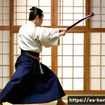 검도와 친구들과의 연습 - **"A Kendo practitioner, a young adult of indeterminate gender, is captured in a dynamic mid-strike ...