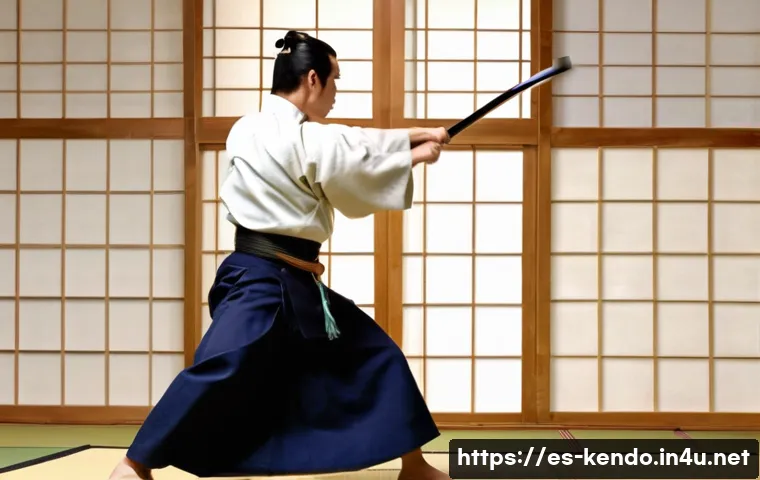 검도와 친구들과의 연습 - **"A Kendo practitioner, a young adult of indeterminate gender, is captured in a dynamic mid-strike ...