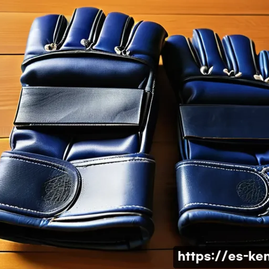 검도 장갑 종류와 선택법 - A close-up, highly detailed image of a pair of kendo gloves made from natural leather, featuring thi...