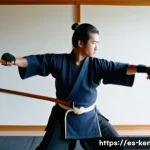Home 22 검도 개인 수련법 - A focused young adult practicing kendo suburi indoors, wearing traditional kendo uniform and protect...