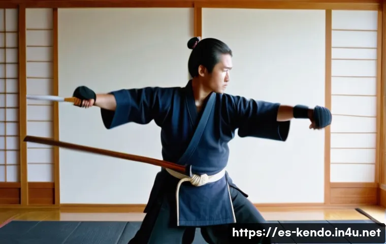 검도 개인 수련법 - A focused young adult practicing kendo suburi indoors, wearing traditional kendo uniform and protect...