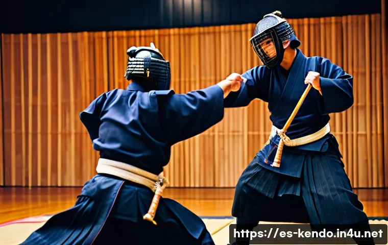 검도 대회 경기 분석 - A dynamic kendo match between two skilled practitioners wearing traditional protective armor and hak...