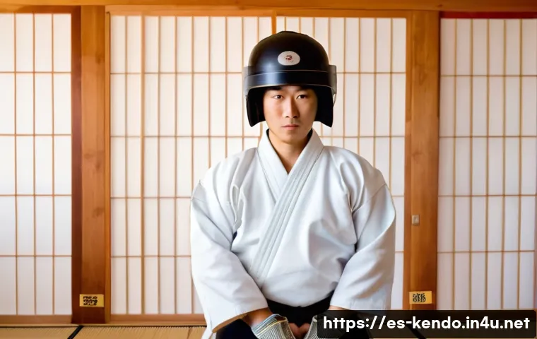 검도 기초 지식 강의 - A focused young adult practicing kendō in a traditional Japanese dojo, wearing full protective bogu ...