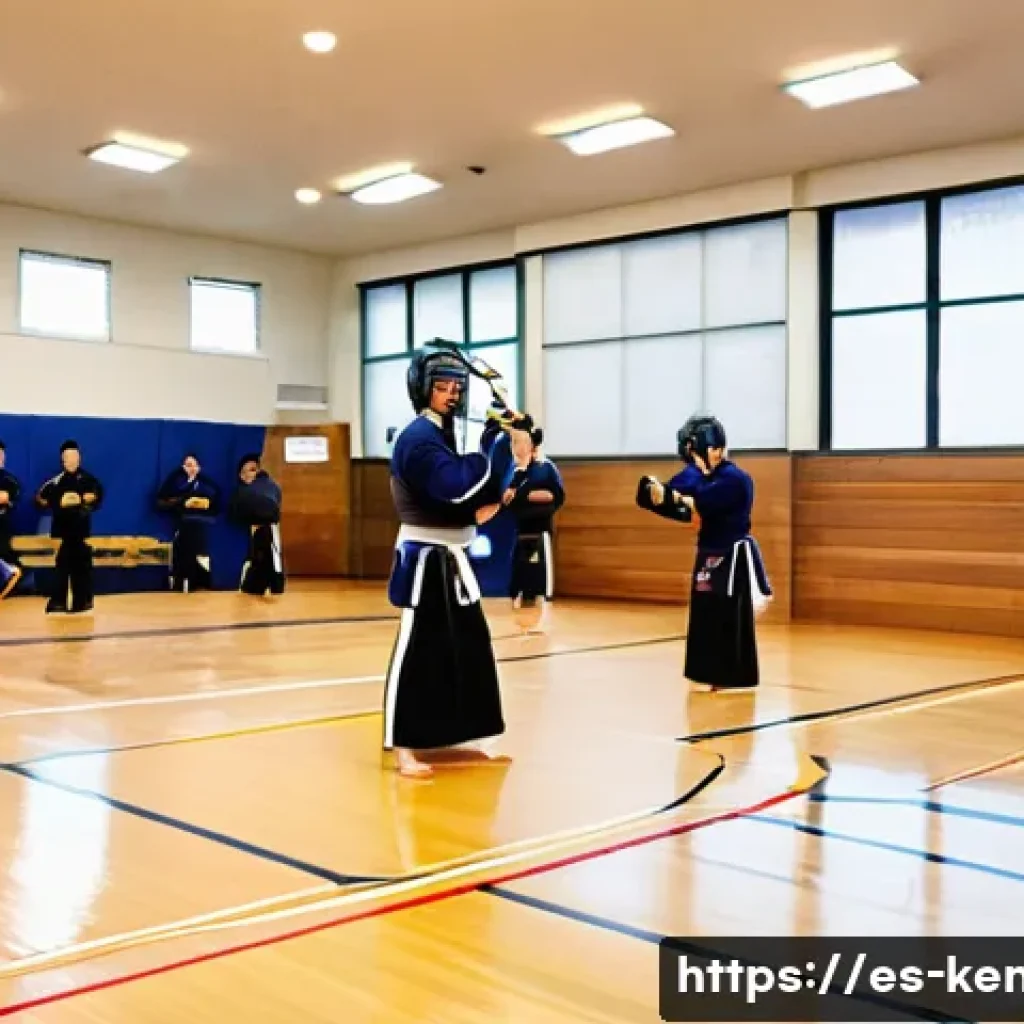 검도 수련 장소 예약 - A spacious, well-lit kendo dojo interior in a modern Spanish gymnasium, featuring polished wooden fl...