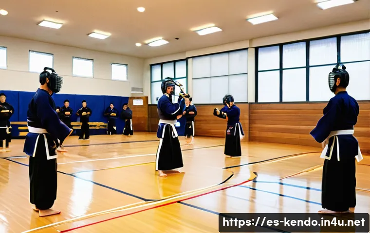 검도 수련 장소 예약 - A spacious, well-lit kendo dojo interior in a modern Spanish gymnasium, featuring polished wooden fl...