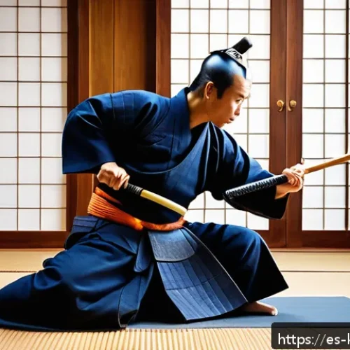 Home 30 검도와 현대사회 - A focused kendo practitioner in traditional blue keikogi and hakama, wearing full protective bogu ar...