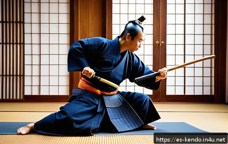 검도와 현대사회 - A focused kendo practitioner in traditional blue keikogi and hakama, wearing full protective bogu ar...