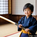 Home 23 검도 어린이 장비 - A cheerful young boy wearing a properly fitted kendo bogu set designed for children aged 8-10, featu...