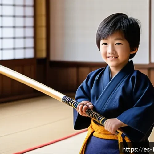 Home 17 검도 어린이 장비 - A cheerful young boy wearing a properly fitted kendo bogu set designed for children aged 8-10, featu...