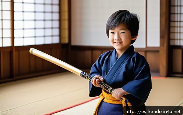 검도 어린이 장비 - A cheerful young boy wearing a properly fitted kendo bogu set designed for children aged 8-10, featu...