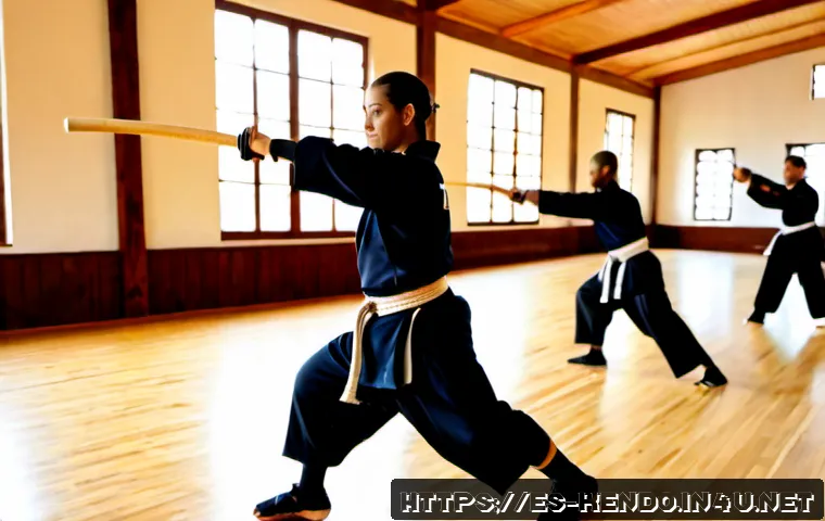 Home 17 검도 체력 훈련 프로그램 - Photorealistic kendo fitness training in a bright modern sports hall in Spain, athletic adult practi...
