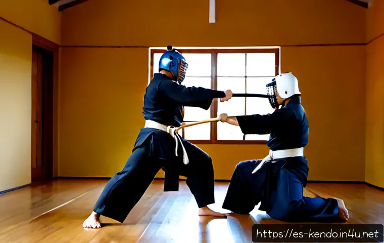 Home 13 검도 방어 타이밍 - Photorealistic kendo training in a bright Madrid dojo, two adult Hispanic practitioners in full prot...